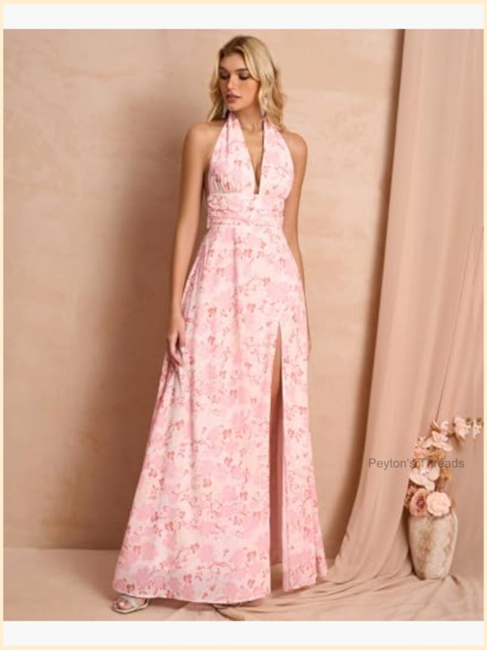 Elegant Halter V Neck Maxi Dress with Side Slit - Formal Evening Gown - Picture 4 of 7